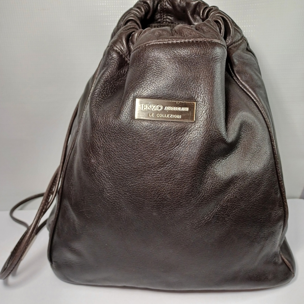 Enzo Angiolini Le Collezioni Black Leather Drawstring Bucket Bag Purse Italy